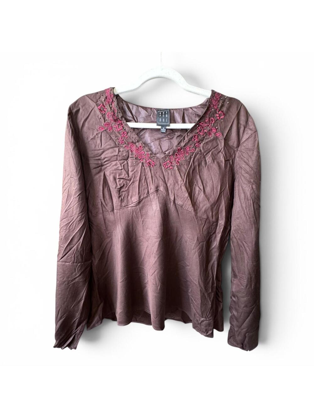 SILK vintage due per due brown blouse v neck flowy top zipper women's size 12 GC